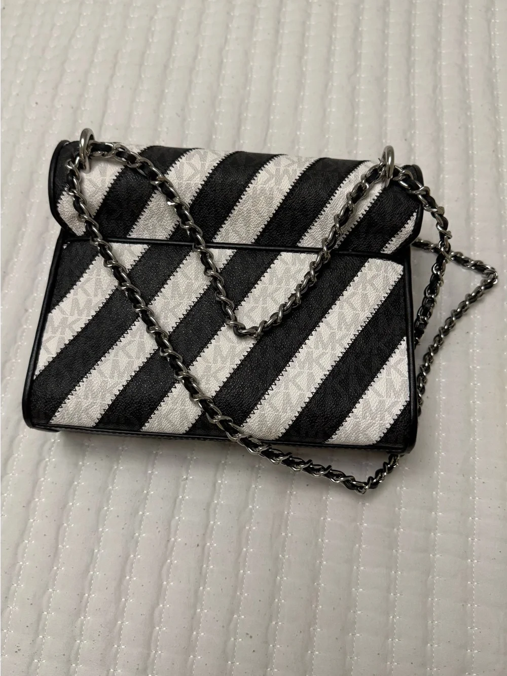 Michael Kors Black & White Diagonal Stripe Chain Crossbody - Picture 2 of 3